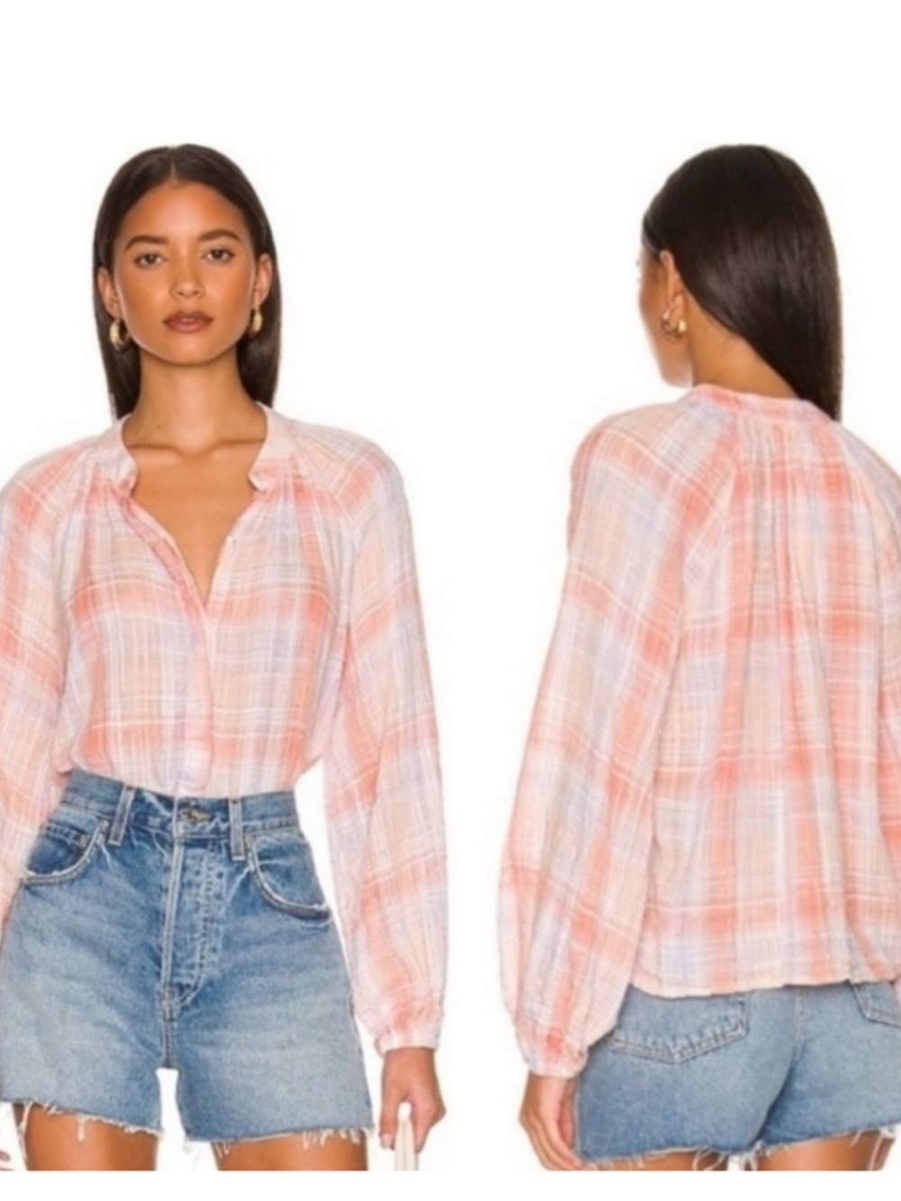 Bella Dahl Long Sleeve Shirred Raglan Shirt in Coral Plaid Size Medium